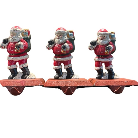 Vintage Cast Iron Santa Christmas Stocking Holders Set of 3 Mantle Hooks - Picture 1 of 9